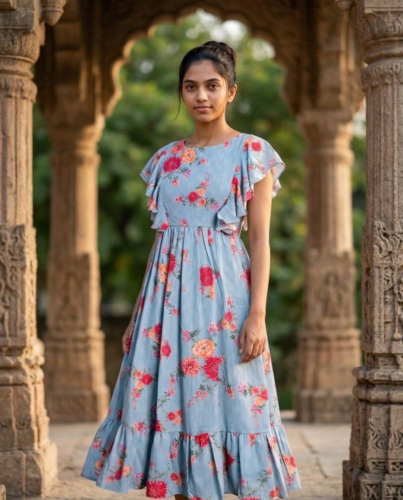 Rose Garden Blue Floral Georgette Maxi Dress – Powder Blue – view 7