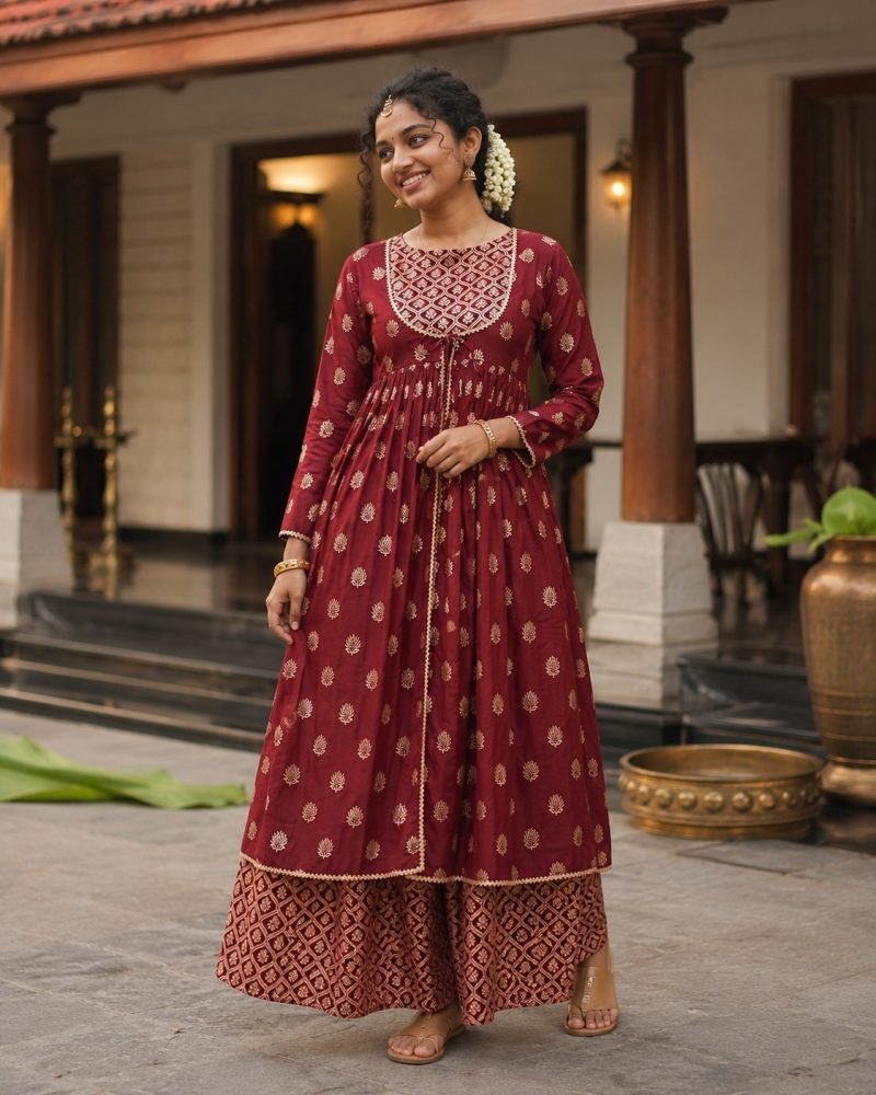 Maroon Regalia Gold Buti Anarkali Kurta Palazzo Set – Kurti Set, Maroon #7A1F2B