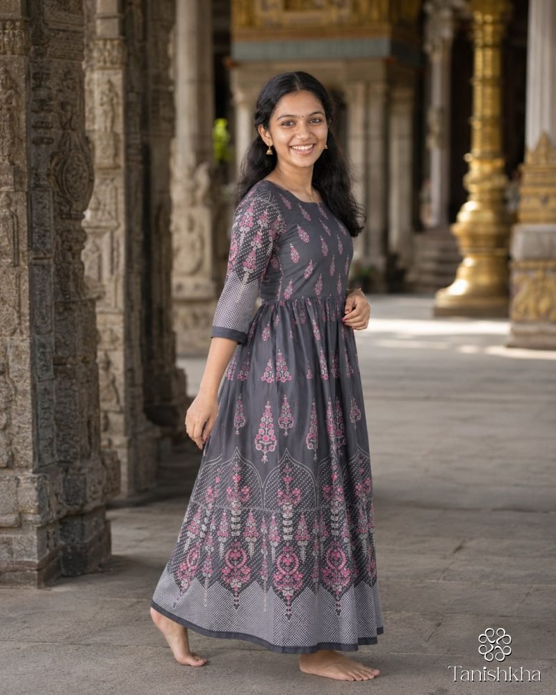 Royal Mughal Grace Printed Swiss Cotton Dress – Dark Ash Grey – view 6