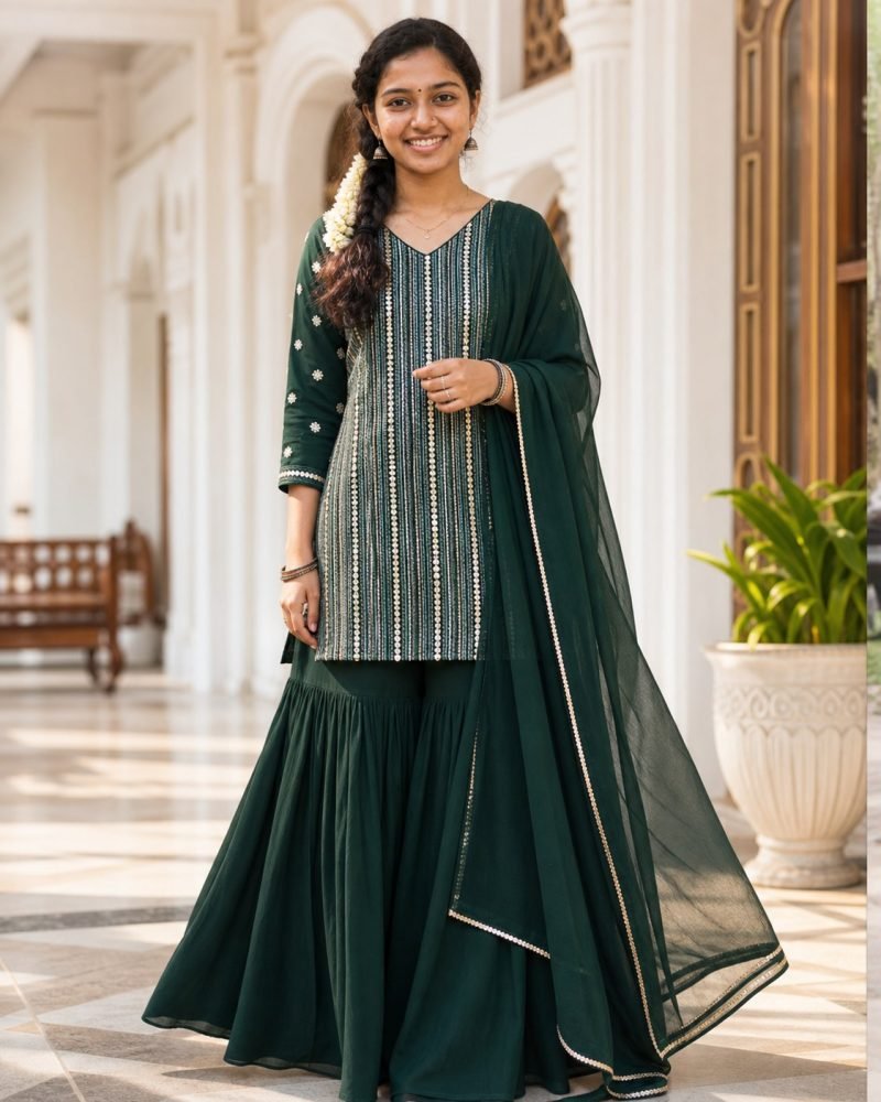 Emerald Evening Bottle Green Georgette Sharara Set – Kurti Set, Bottle Green #0E4D3A