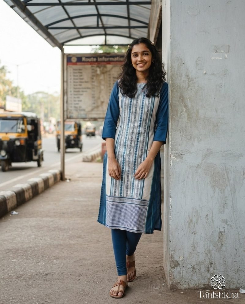 Indigo Weave Print Panel Straight Kurti (Pant not included) – Indigo Blue – view 5