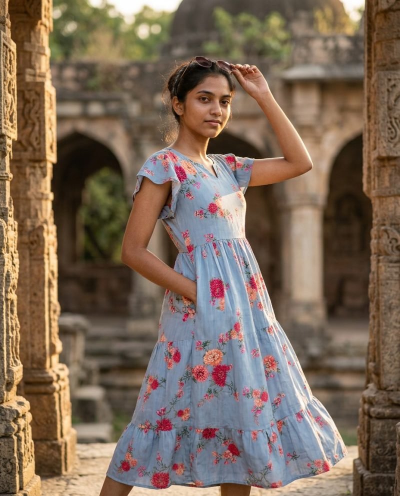 Rose Garden Blue Floral Georgette Maxi Dress – Powder Blue – view 5