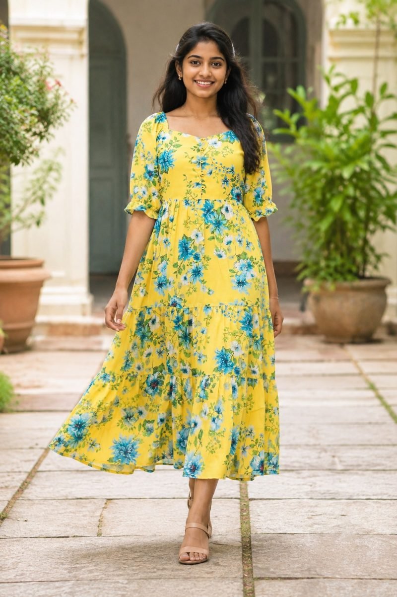 Sunlit Bloom Georgette Midi Dress – Yellow – view 3