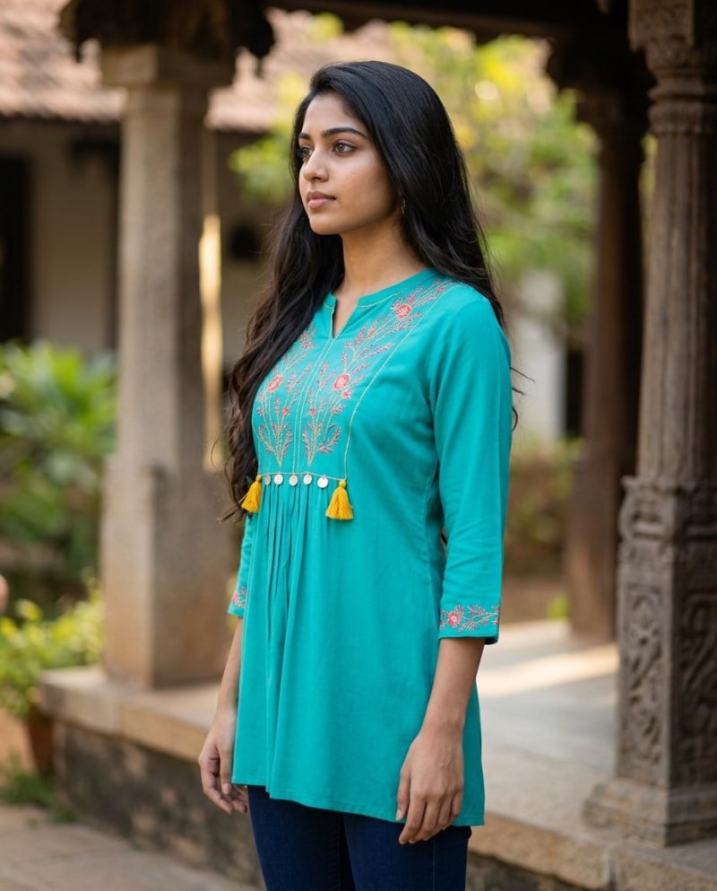 Teal Tassel Embroidered Short Kurti for Women – Turquoise – view 5