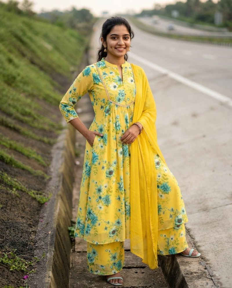 Lemon Meadow Yellow Floral Georgette Kurta Set with Dupatta – Yellow – view 4