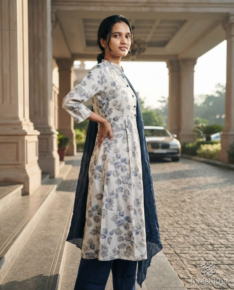 Ivory Leaf Print Kurta Set with Navy Dupatta – Ivory & Navy – view 12