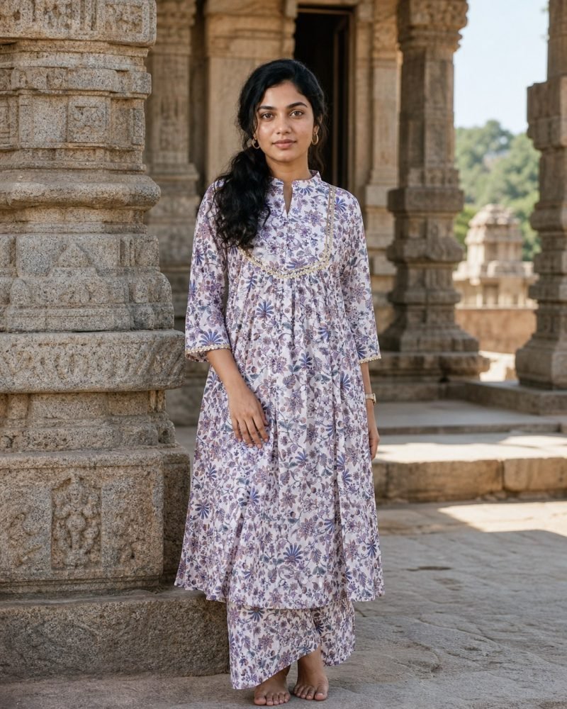 Lavender Trellis Floral Georgette Kurta Set with Dupatta – Lavender – view 2