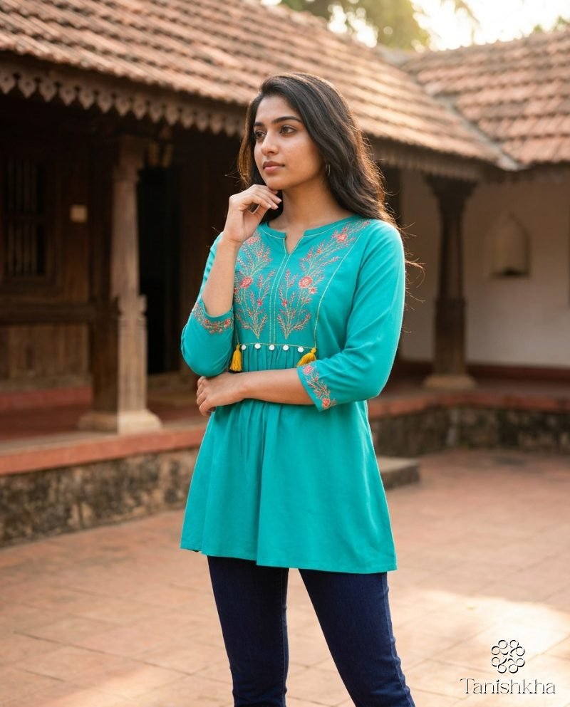 Teal Tassel Embroidered Short Kurti for Women – Turquoise – view 3