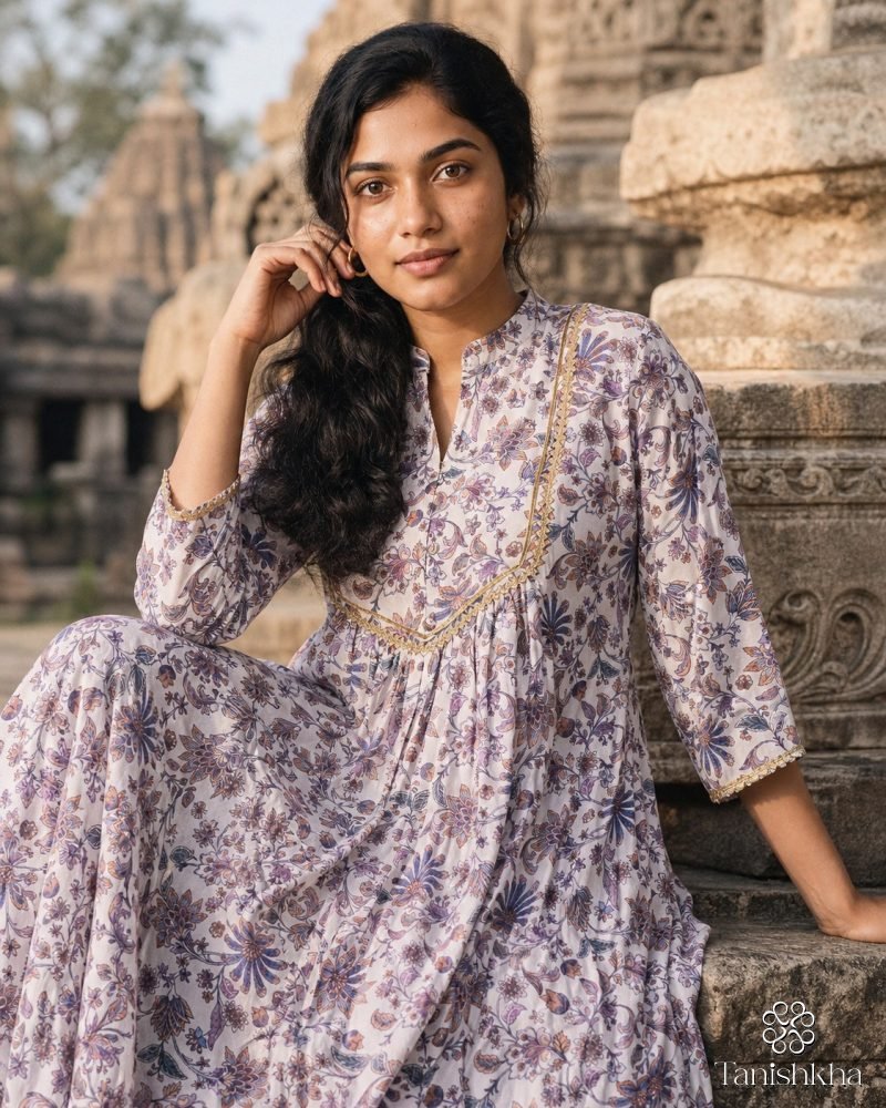 Lavender Trellis Floral Georgette Kurta Set with Dupatta – Lavender – view 7