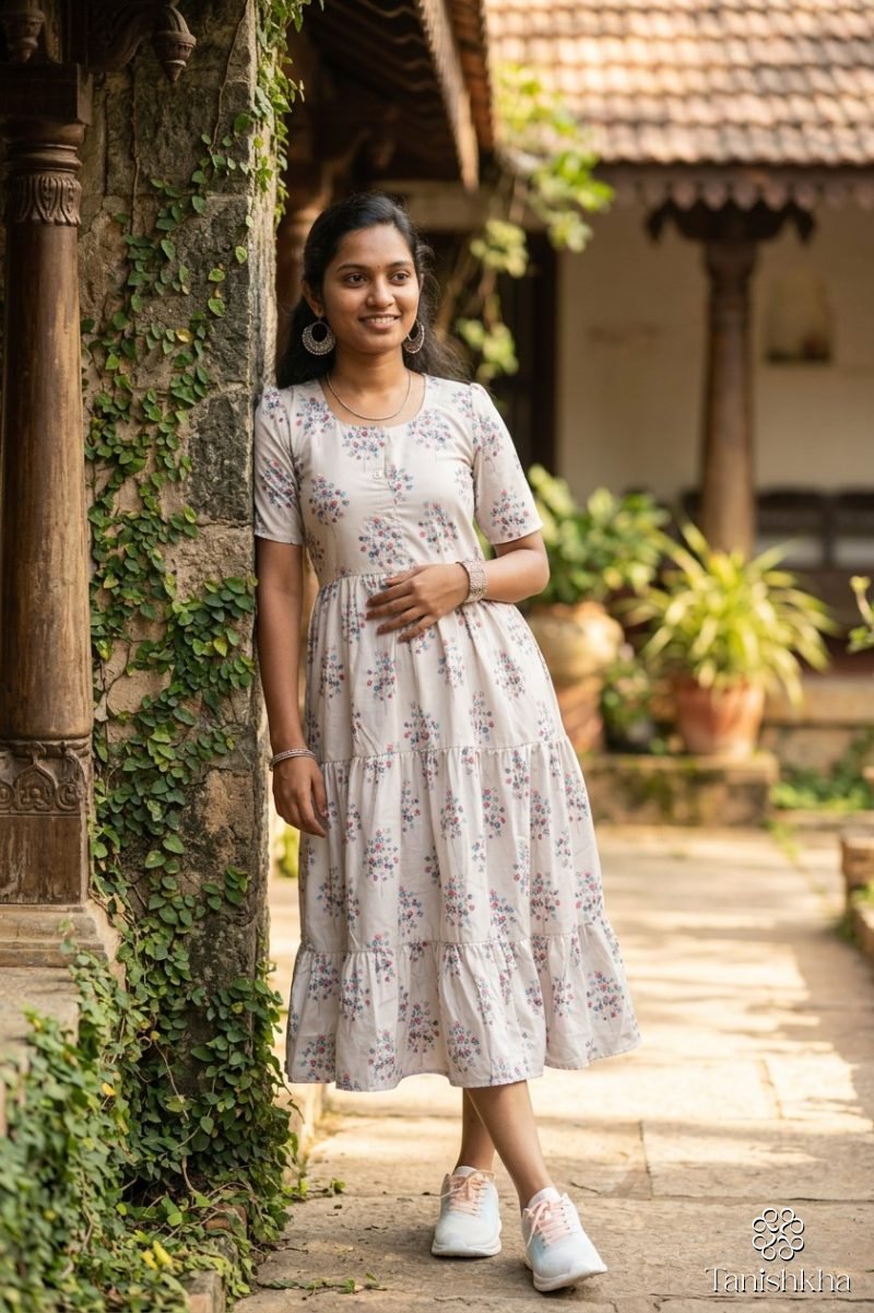 Blossom Tier Floral Rayon Midi Dress – Grey – view 5