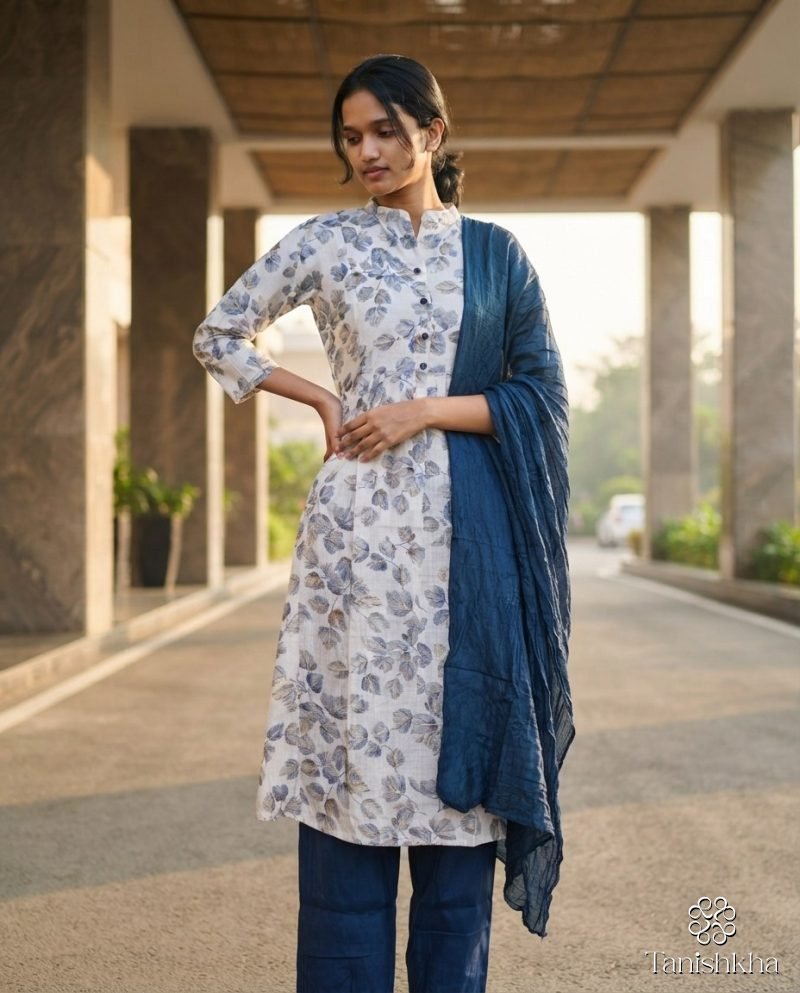 Ivory Leaf Print Kurta Set with Navy Dupatta – Ivory & Navy – view 3