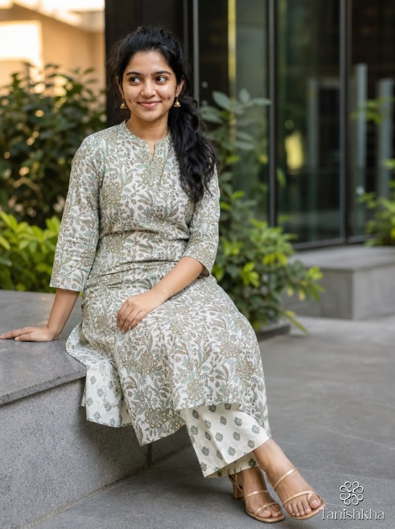 Sage Whisper Floral Jaal Cotton Kurta Pant Set – Sage Green – view 4