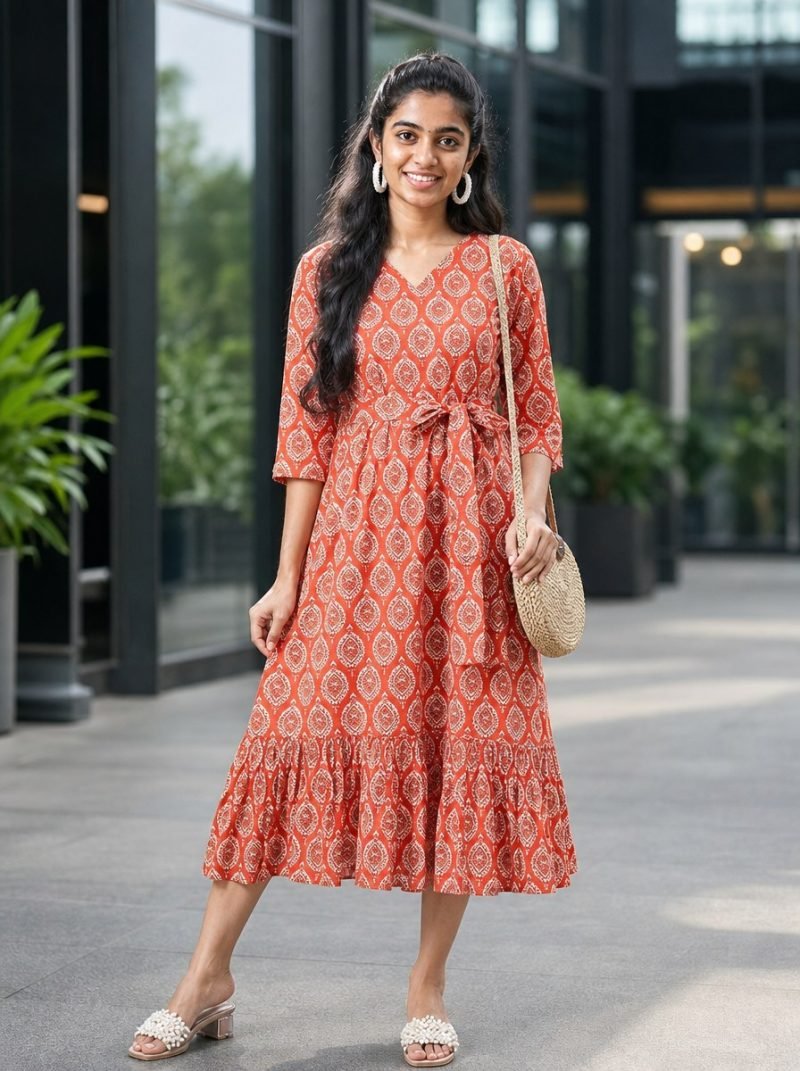 Coral Motif Ethnic Print Cotton Midi Dress – Coral Orange – view 3
