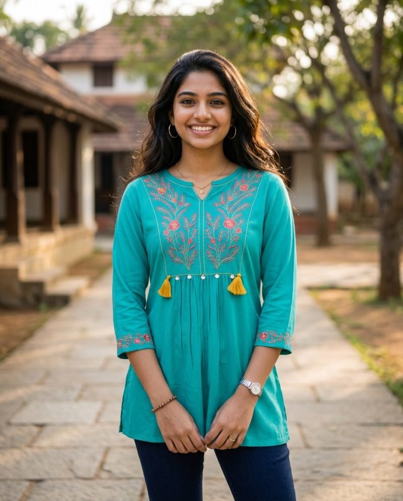 Teal Tassel Embroidered Short Kurti for Women – Turquoise – view 6
