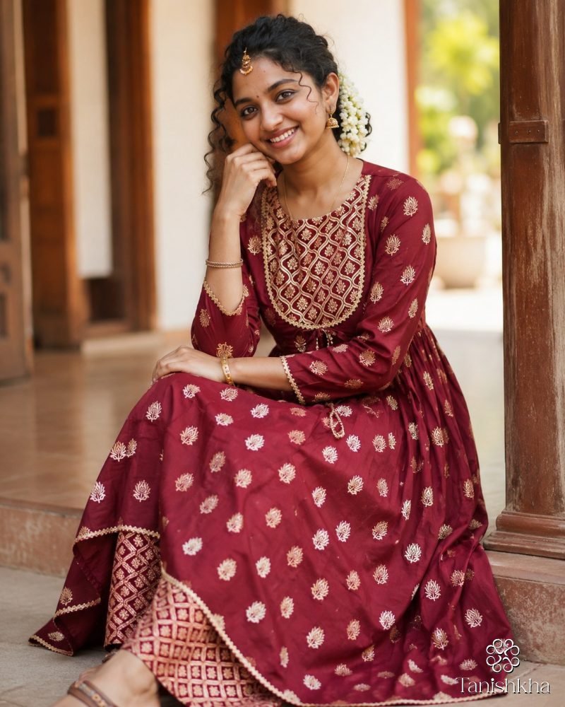 Maroon Regalia Gold Buti Anarkali Kurta Palazzo Set – Maroon – view 6