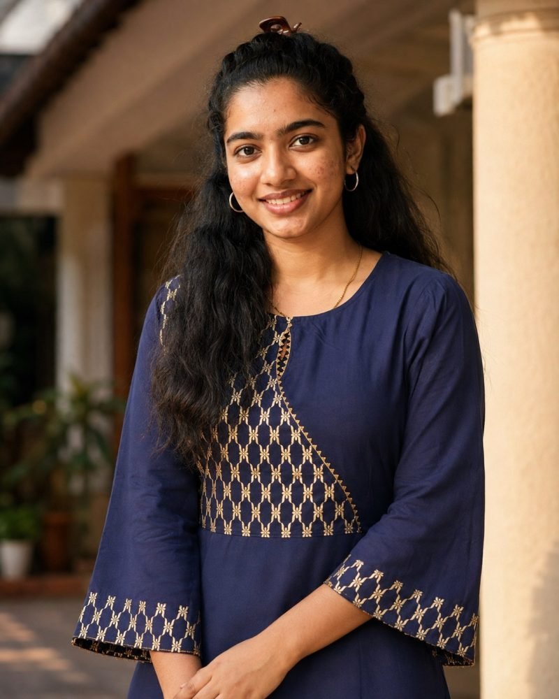 Indigo Lattice Gold Print Long A-Line Kurti – Navy Blue – view 4