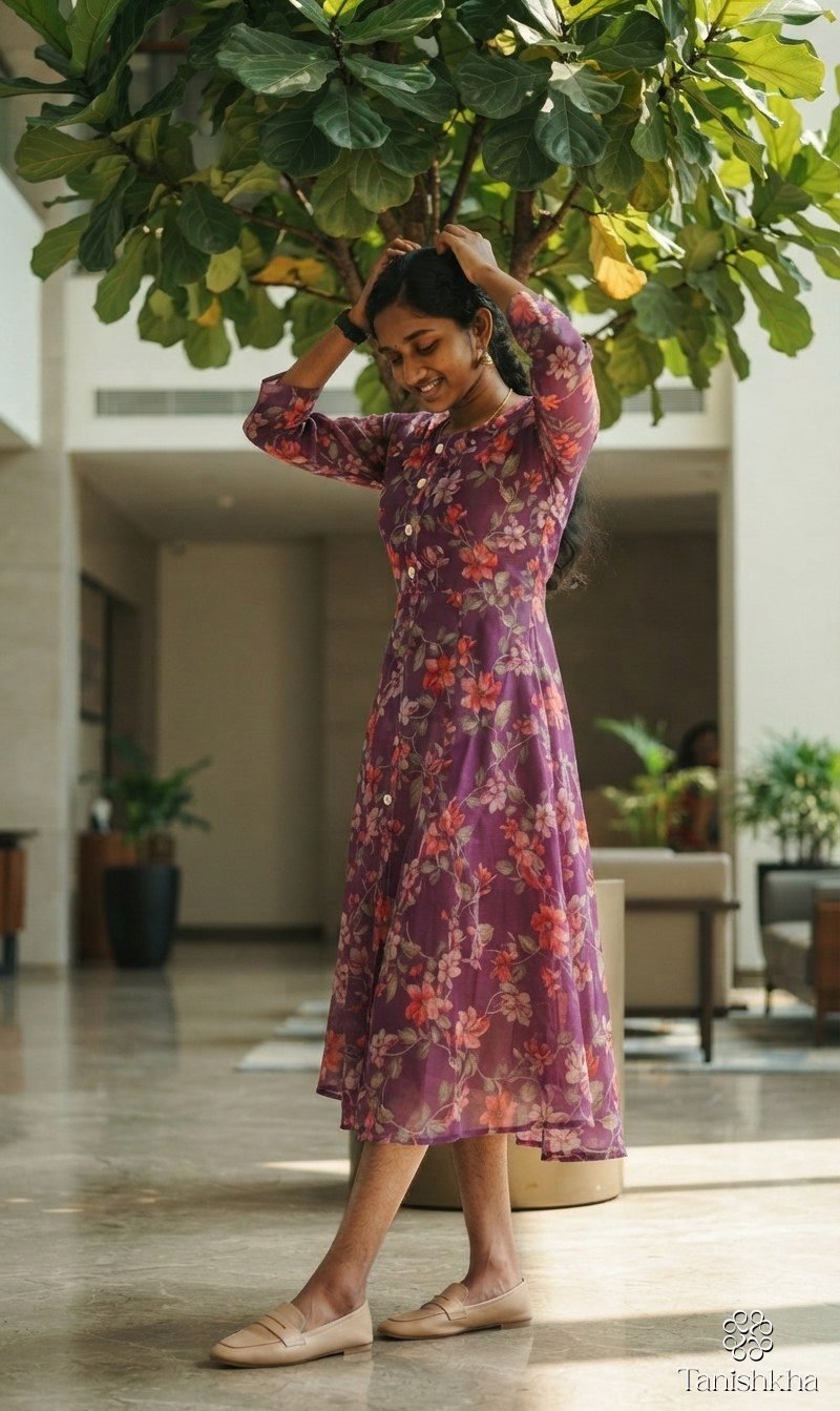 Plum Blossom Organza Fit and Flare Midi Dress – Plum Purple – view 4