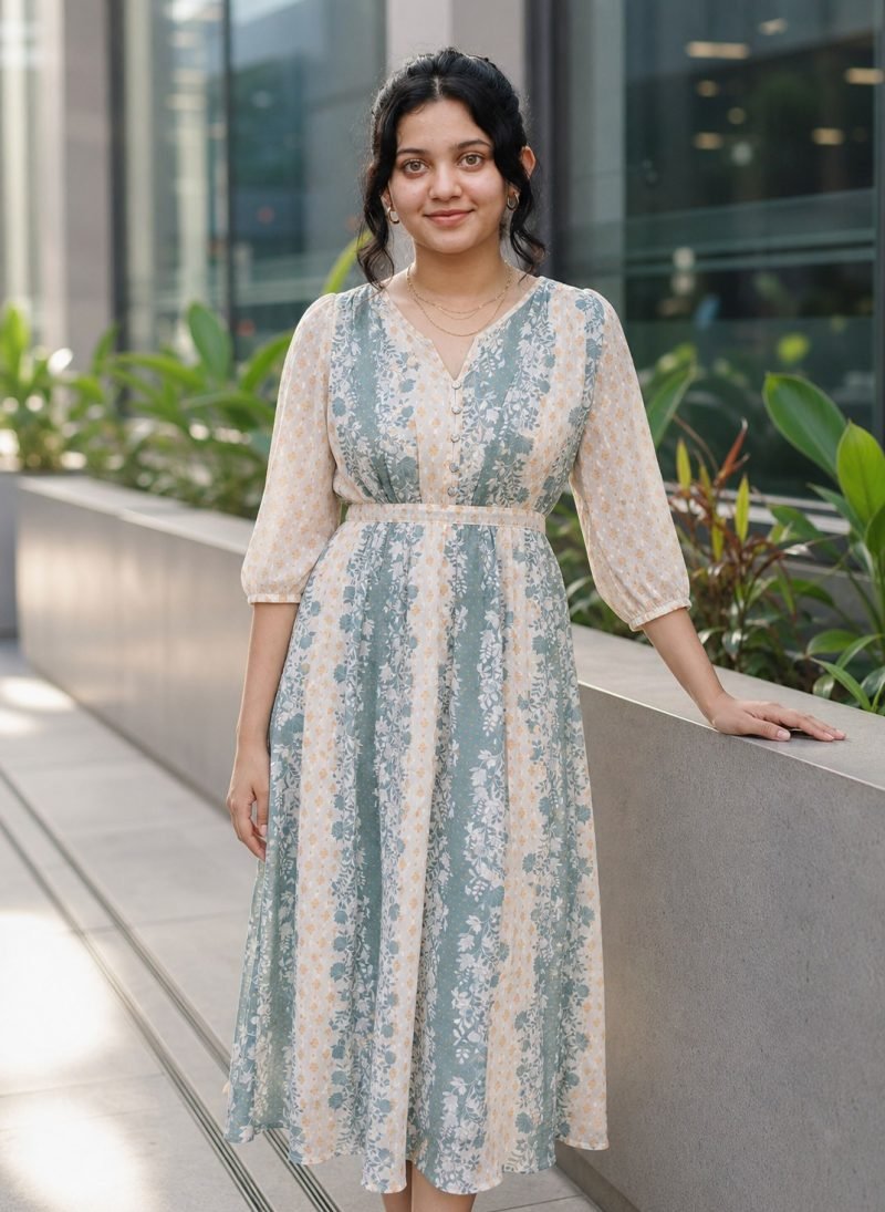 Misty Morning Blue Floral Stripe Georgette Midi Dress – Dusty Blue – view 8