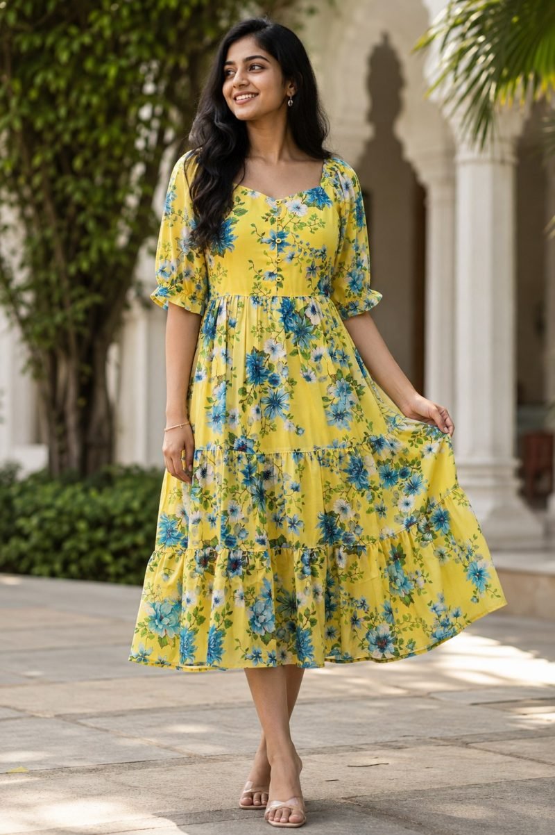 Sunlit Bloom Georgette Midi Dress – Yellow – view 7