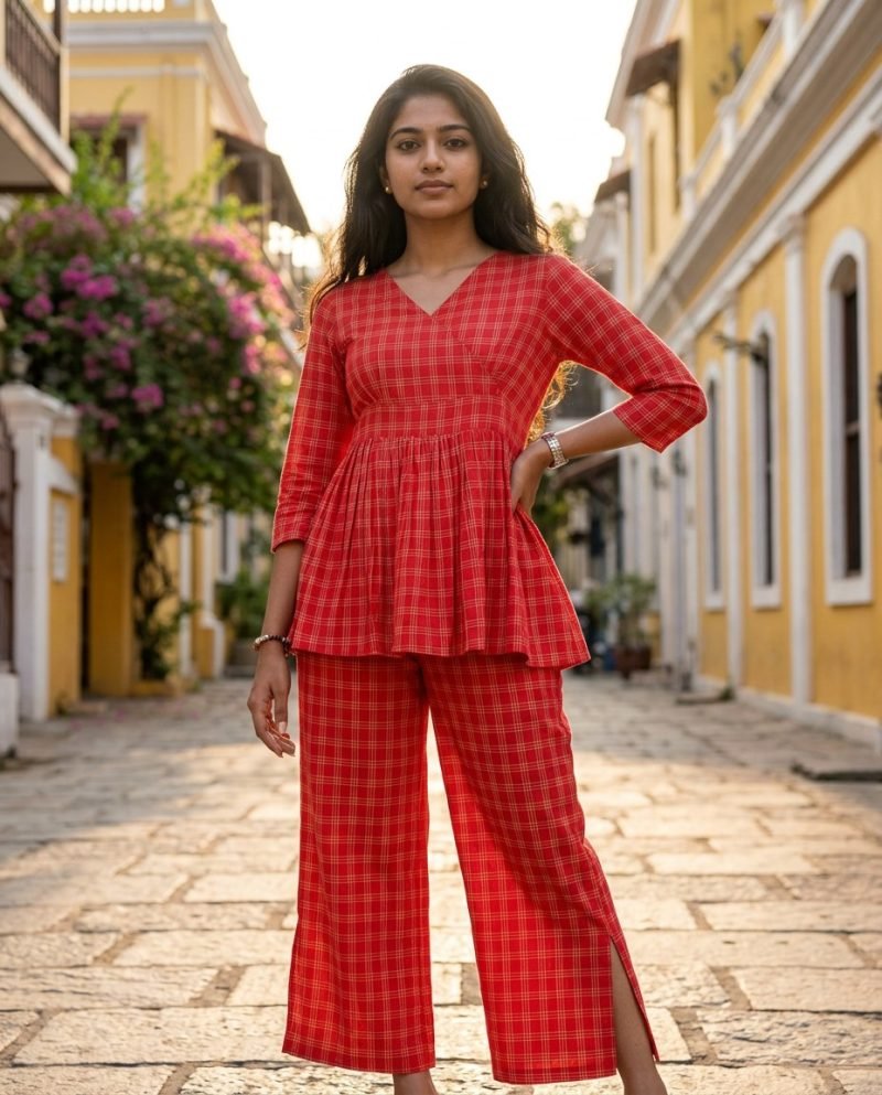 Cherry Check Red Gingham Peplum Co-ord Set – Red – view 5