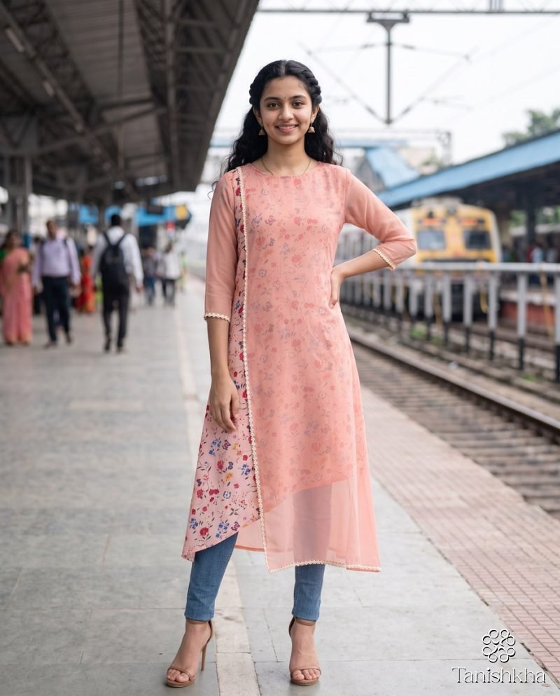Peach Petal Floral Layered High-Low Kurti – Blush Peach – view 2