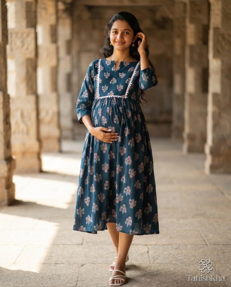 Teal Floral Cotton Maternity Feeding Kurta Dress – Teal Blue – view 4