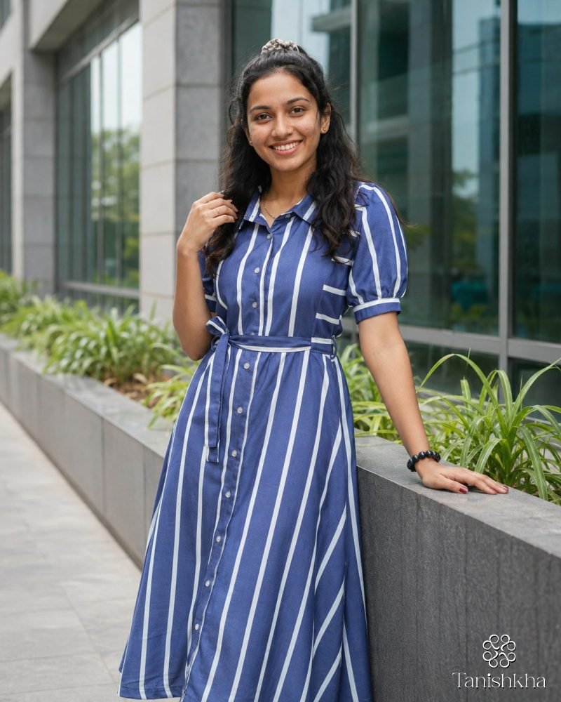 Indigo Stride Striped Rayon Shirt Dress – Navy Blue – view 8
