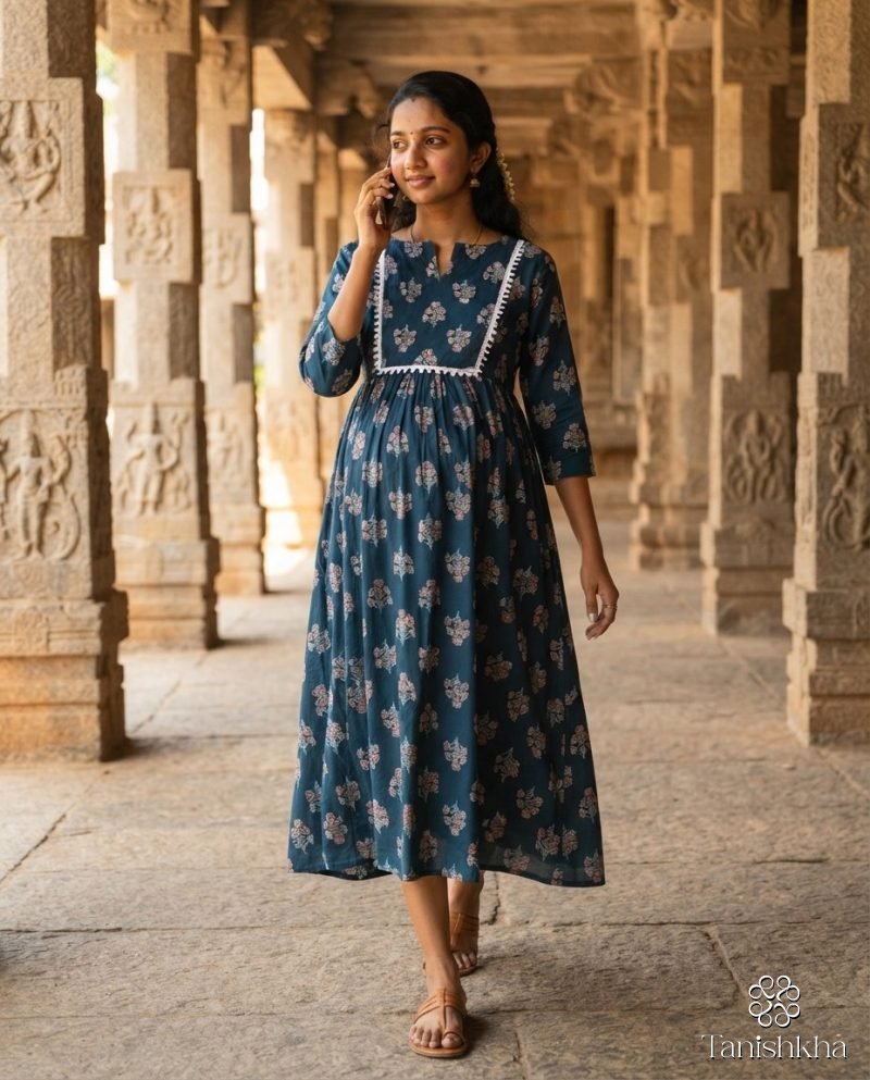 Teal Floral Cotton Maternity Feeding Kurta Dress – Teal Blue – view 2