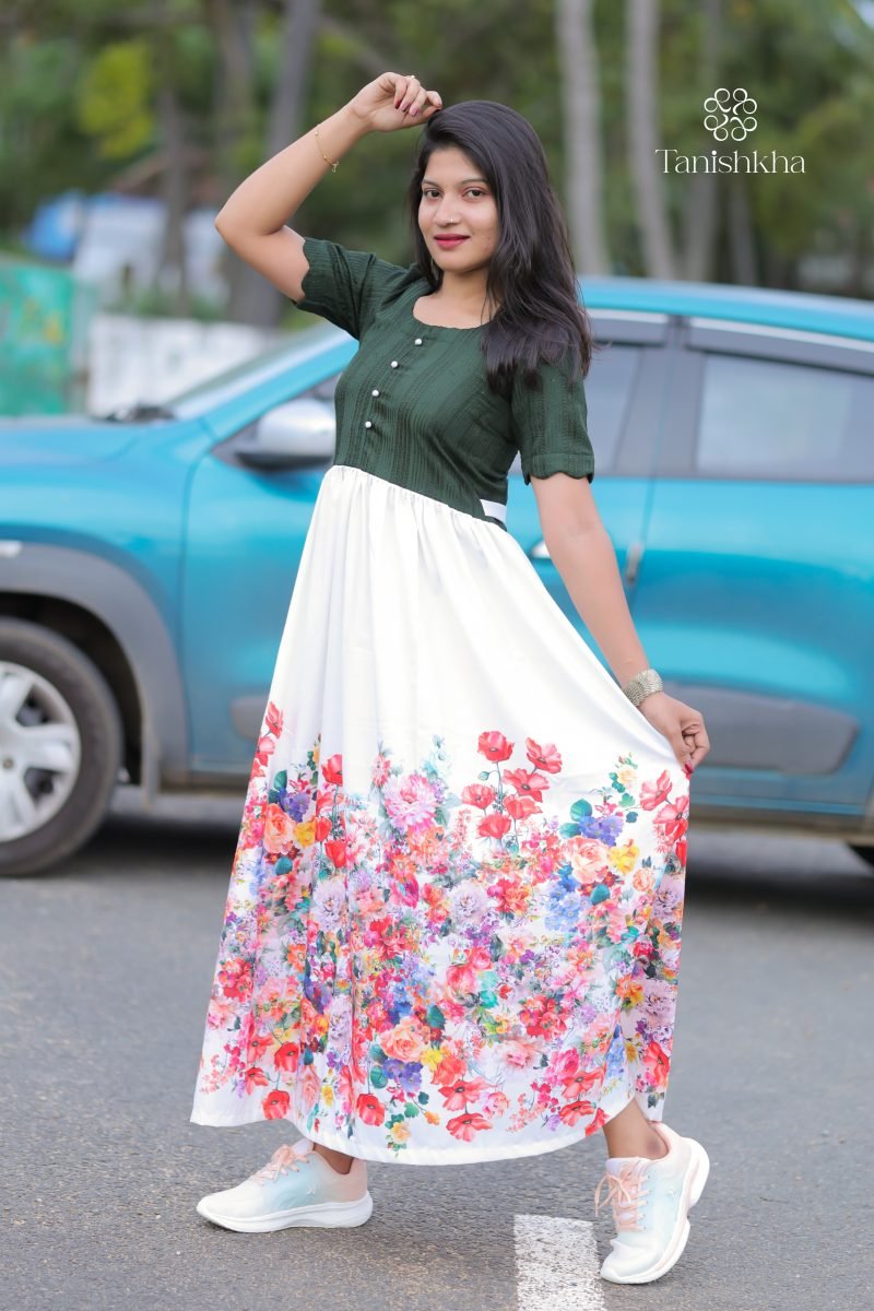 Floral Bliss – Bottle Green and White – view 5