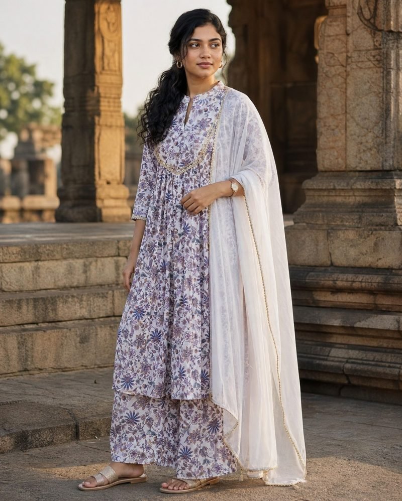 Lavender Trellis Floral Georgette Kurta Set with Dupatta – Kurti Set