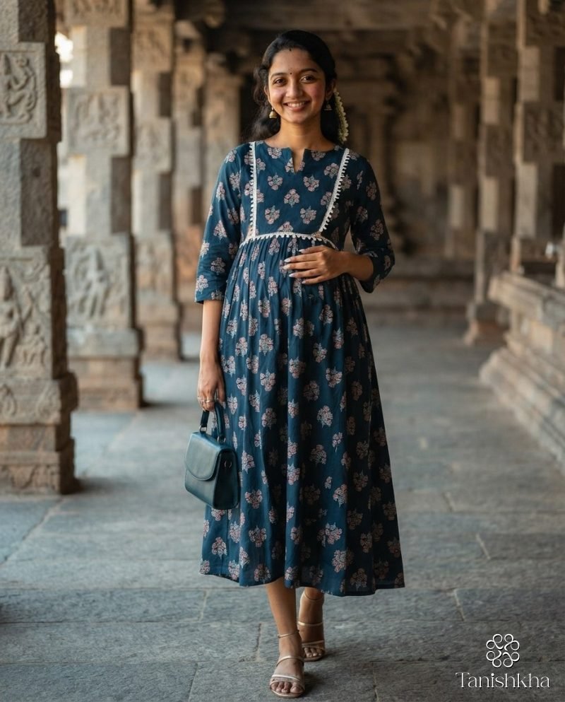 Teal Floral Cotton Maternity Feeding Kurta Dress – Teal Blue – view 1