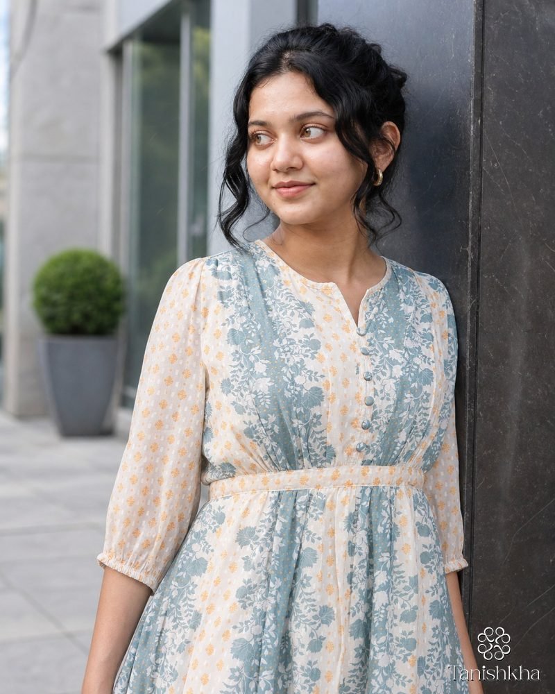 Misty Morning Blue Floral Stripe Georgette Midi Dress – Dusty Blue – view 6