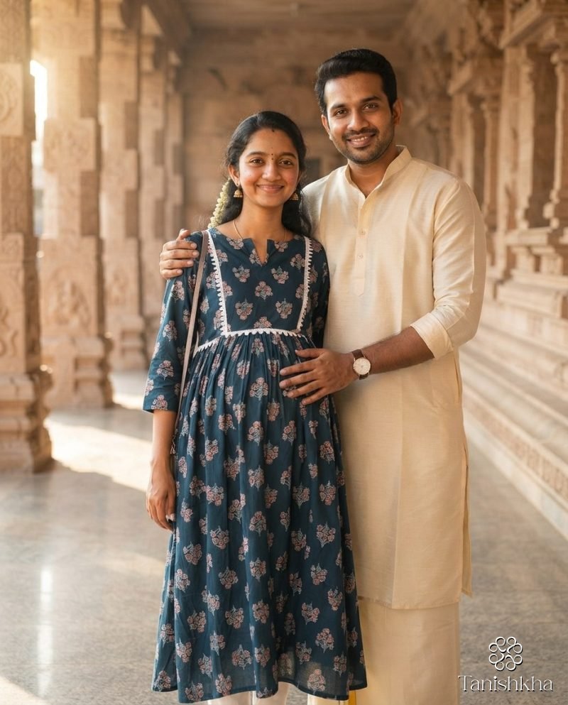 Teal Floral Cotton Maternity Feeding Kurta Dress – Teal Blue – view 6