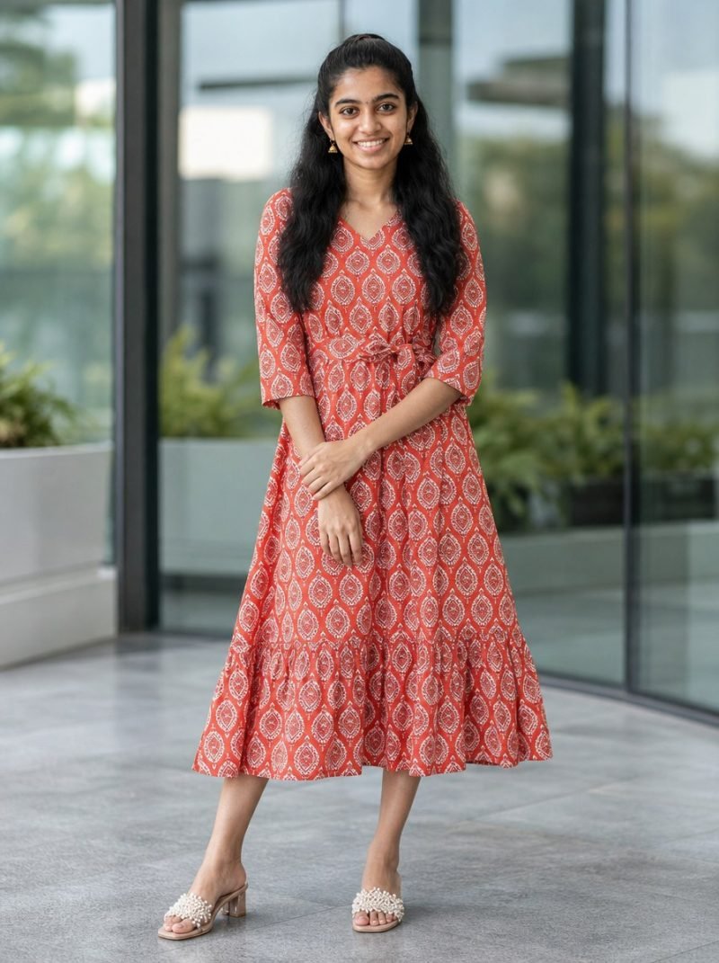 Coral Motif Ethnic Print Cotton Midi Dress – Coral Orange – view 2