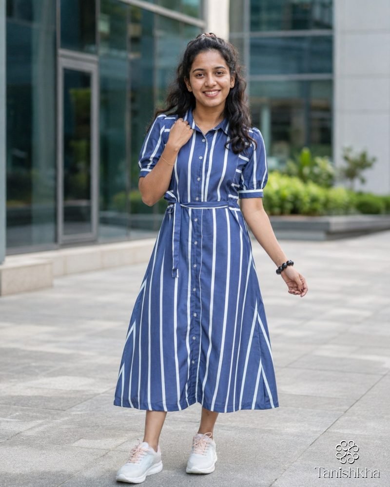 Indigo Stride Striped Rayon Shirt Dress – Dress, Navy Blue #1F3A6E