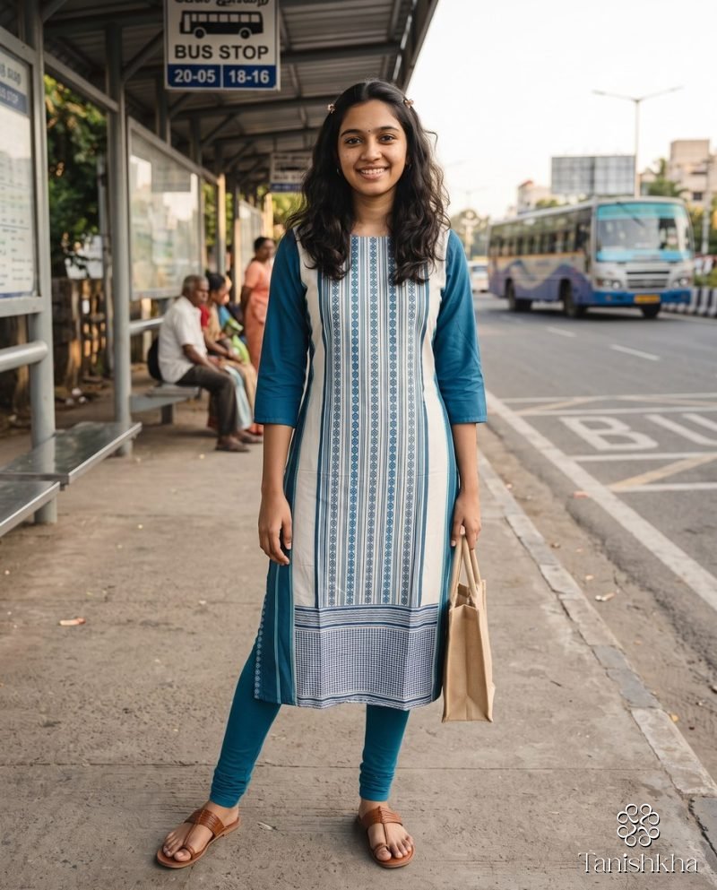 Indigo Weave Print Panel Straight Kurti (Pant not included) – Indigo Blue – view 6