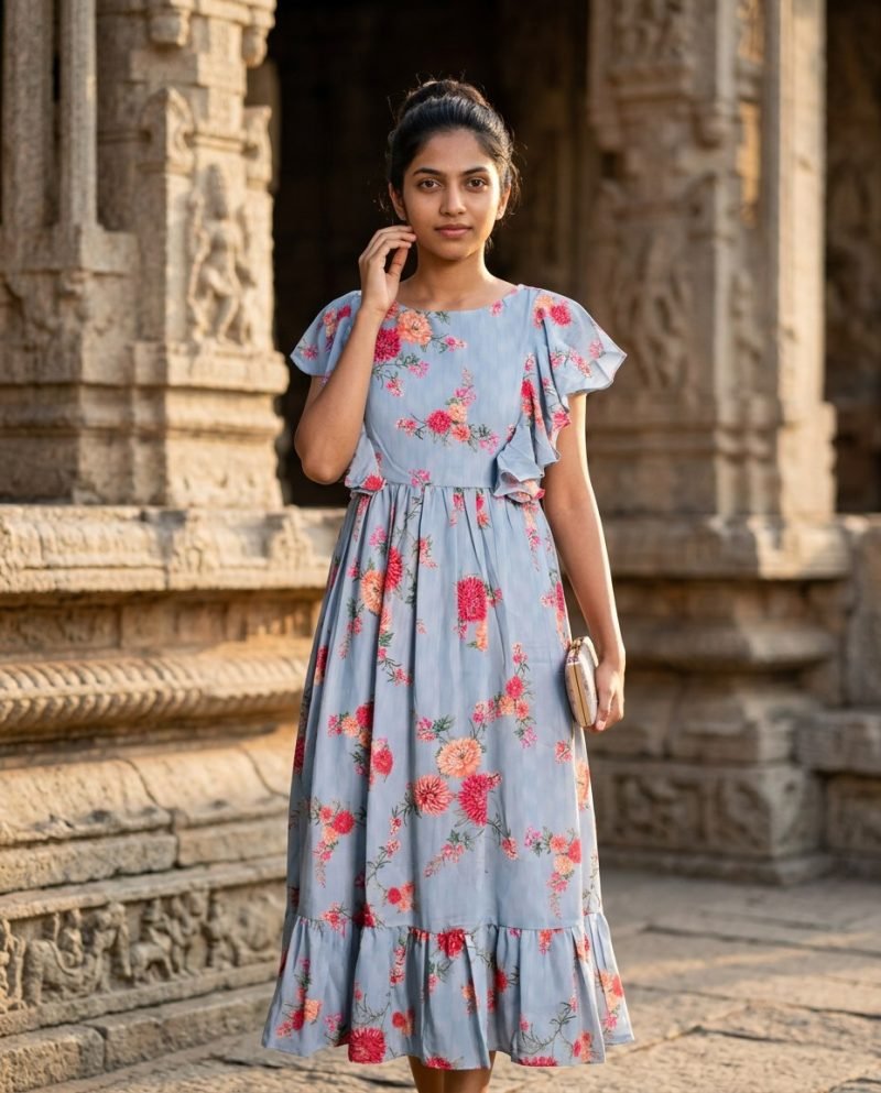 Rose Garden Blue Floral Georgette Maxi Dress – Powder Blue – view 2