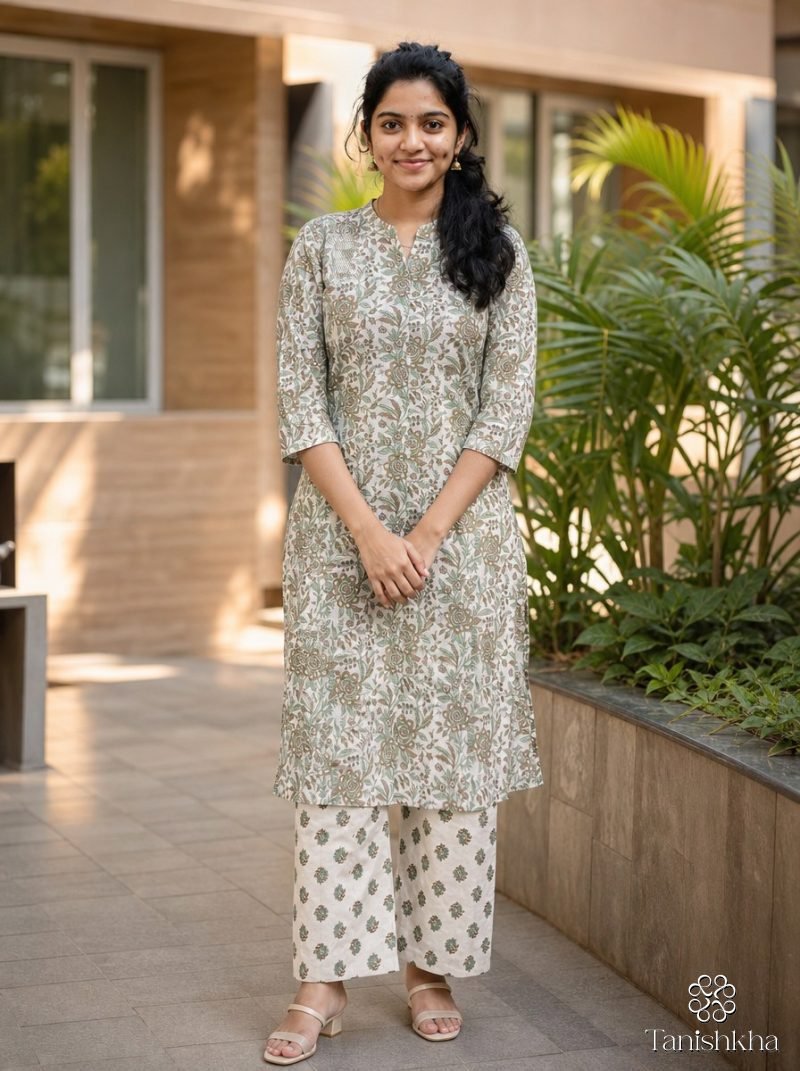 Sage Whisper Floral Jaal Cotton Kurta Pant Set – Sage Green – view 2