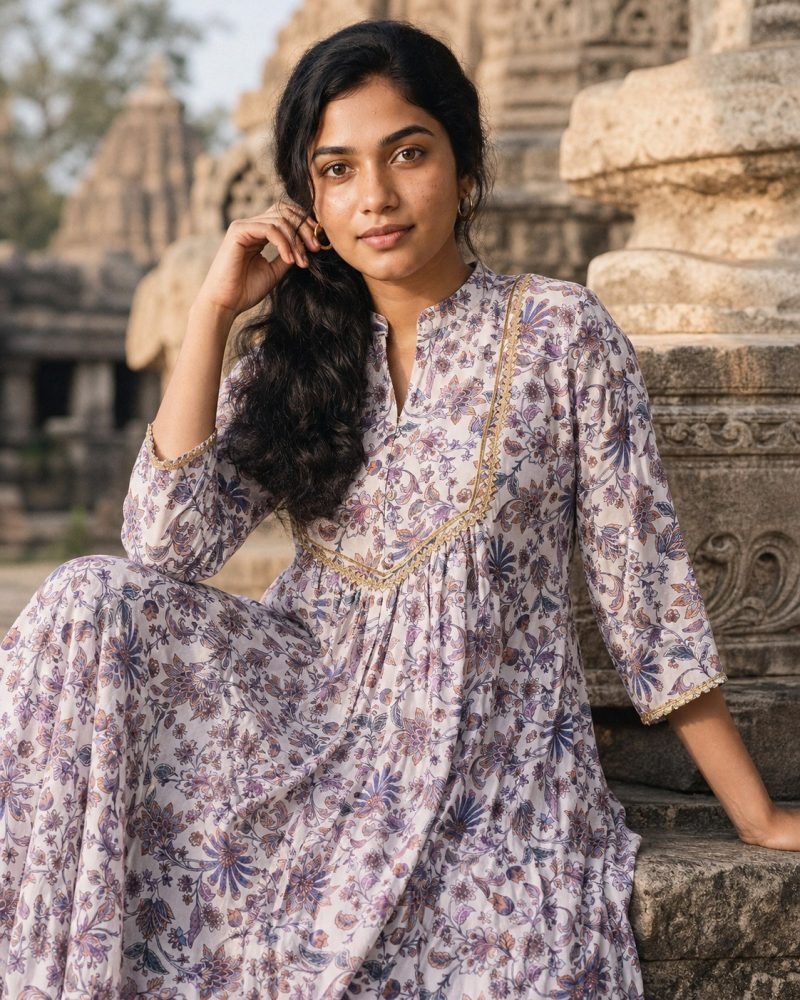 Lavender Trellis Floral Georgette Kurta Set with Dupatta – Lavender – view 7