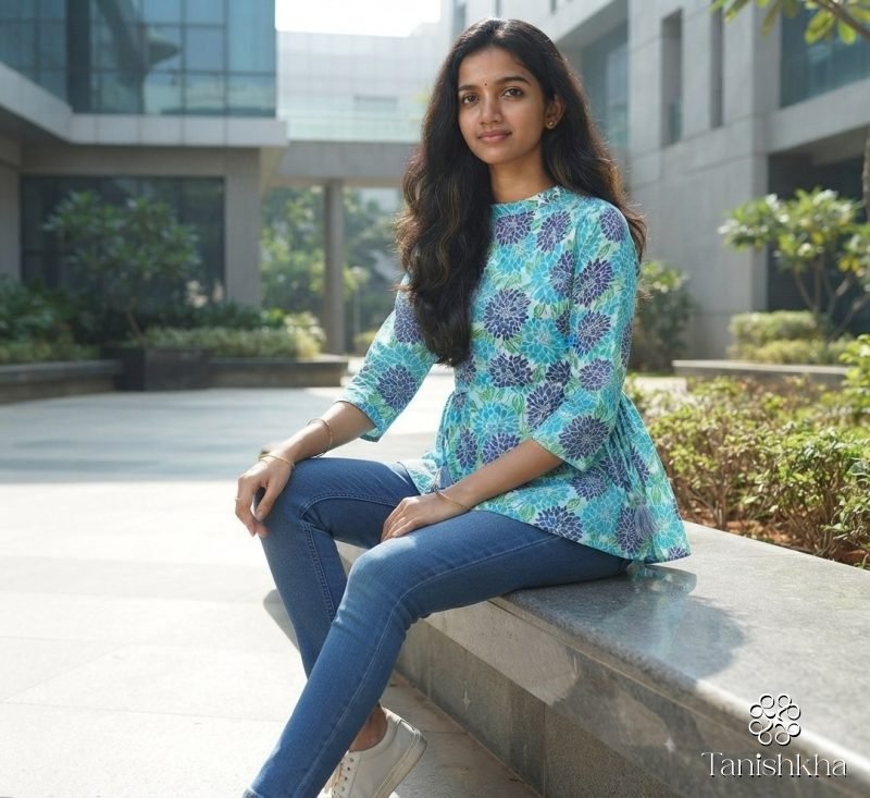 Aqua Dahlia Floral Cotton Peplum Top – White & Aqua – view 5