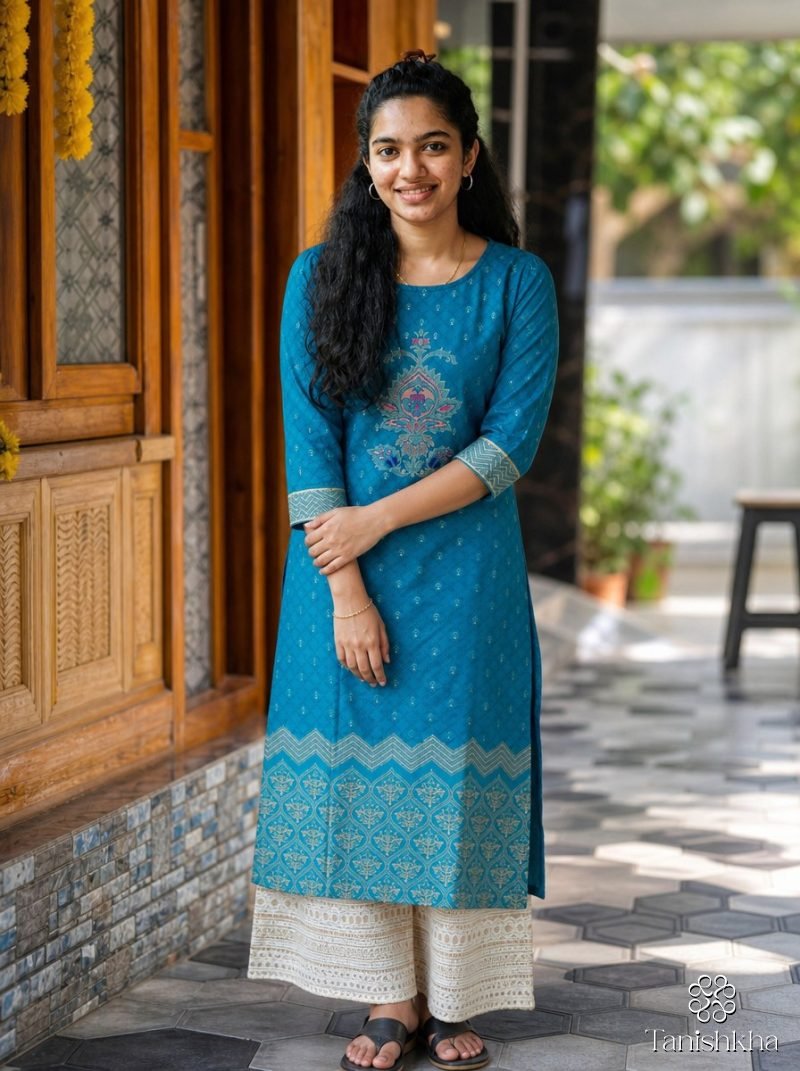 Peacock Blue Motif Print Straight Kurta Palazzo Set – Peacock Blue – view 7