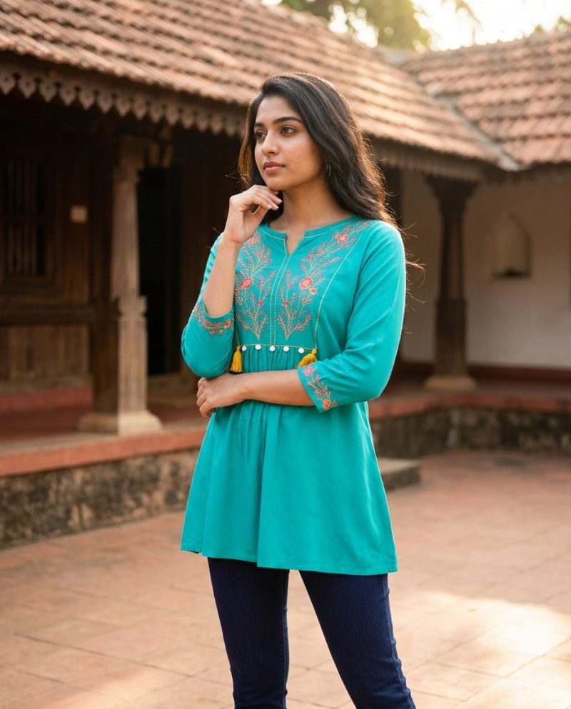 Teal Tassel Embroidered Short Kurti for Women – Turquoise – view 3