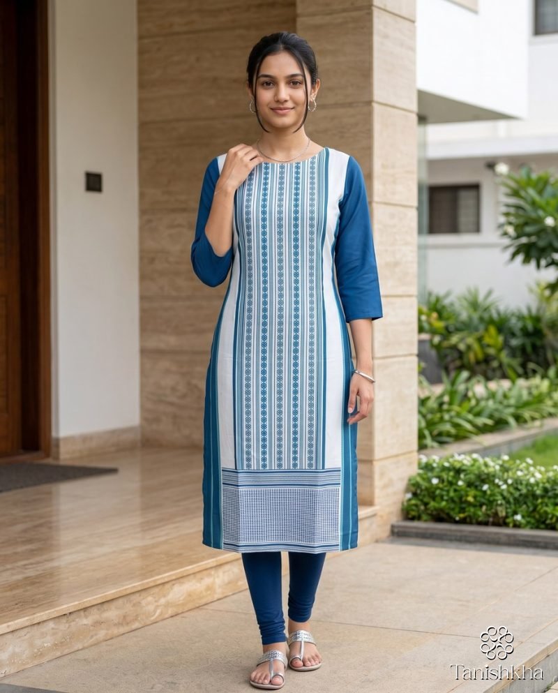 Indigo Weave Print Panel Straight Kurti (Pant not included) – Indigo Blue – view 2