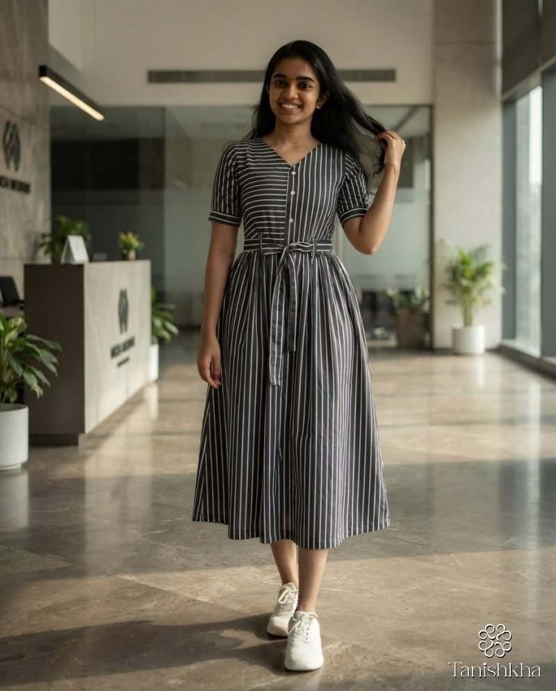 Urban Monochrome Striped Swiss Cotton Shirt Dress – Dress, Black and White #222222
