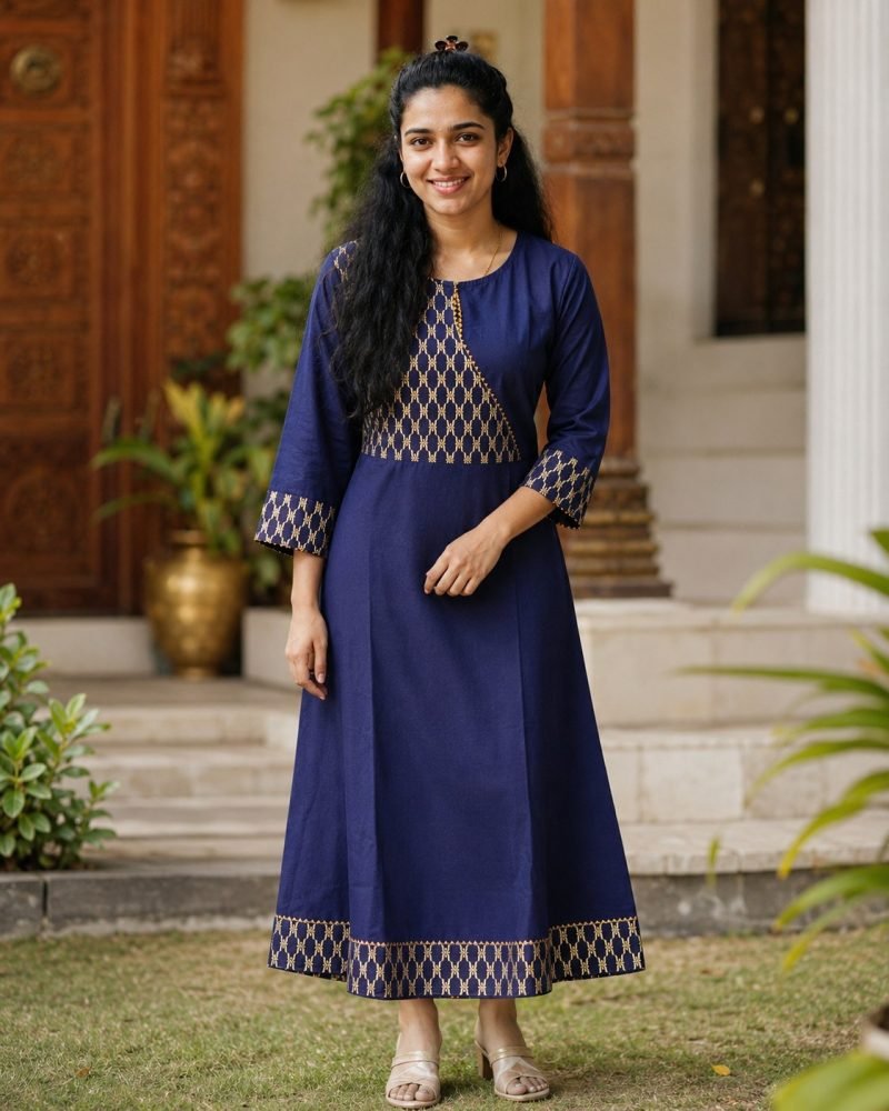 Indigo Lattice Gold Print Long A-Line Kurti – Kurti