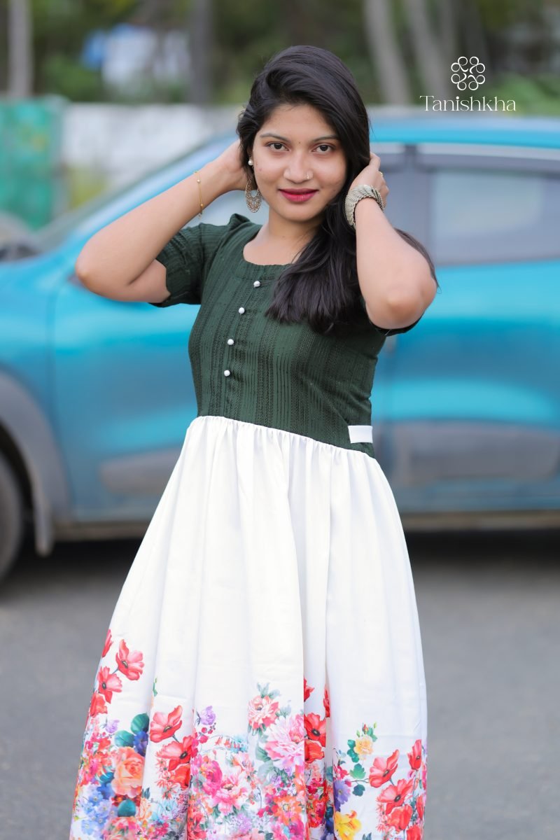 Floral Bliss – Bottle Green and White – view 2
