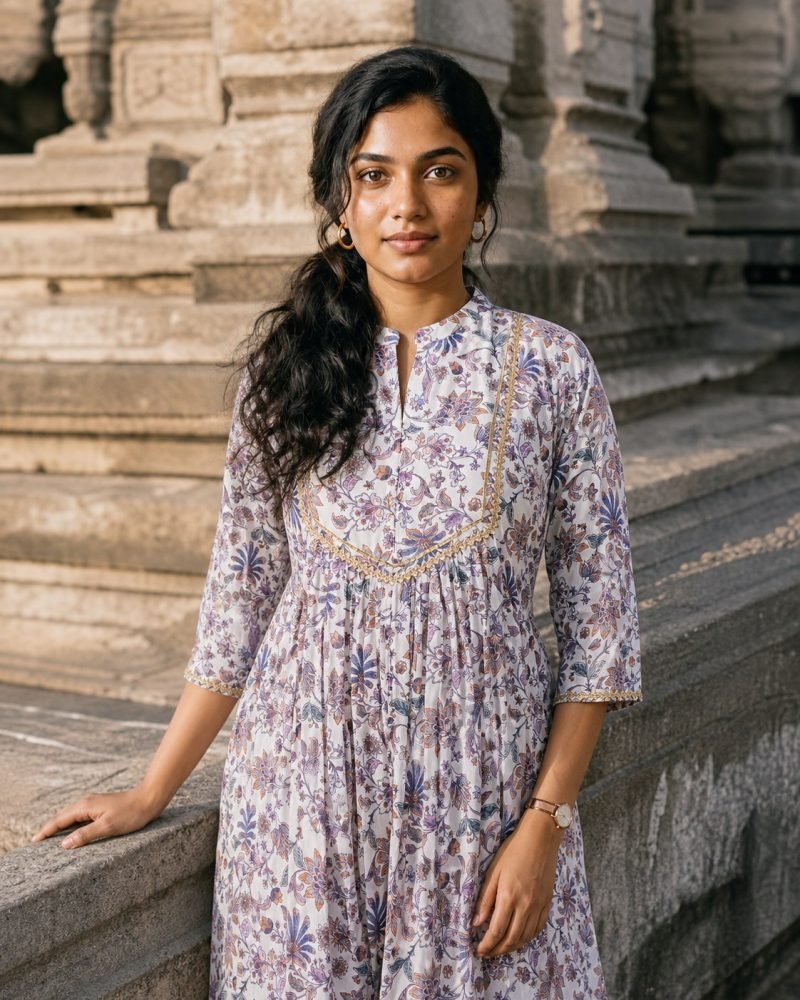 Lavender Trellis Floral Georgette Kurta Set with Dupatta – Lavender – view 3