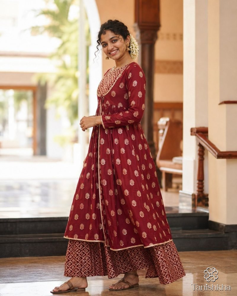 Maroon Regalia Gold Buti Anarkali Kurta Palazzo Set – Maroon – view 2