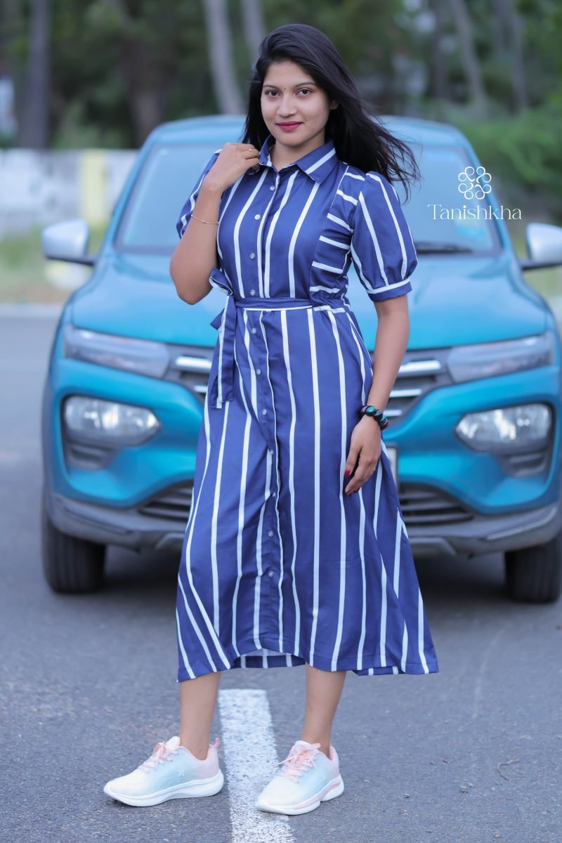 Indigo Stride Smart Striped Midi – Dress, Navy Blue