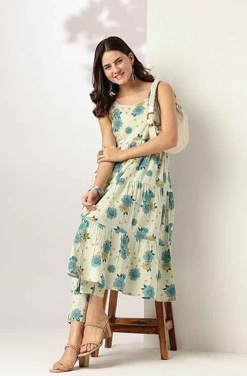 Mint Floral Pure Cotton Tiered Kurta Set – Kurti Set, Mint